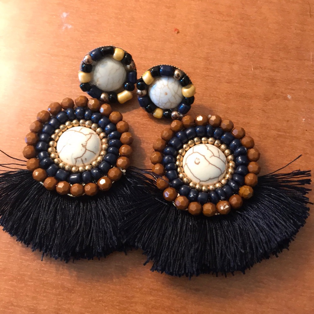 Brown and blue tassel earrings worn twice!
